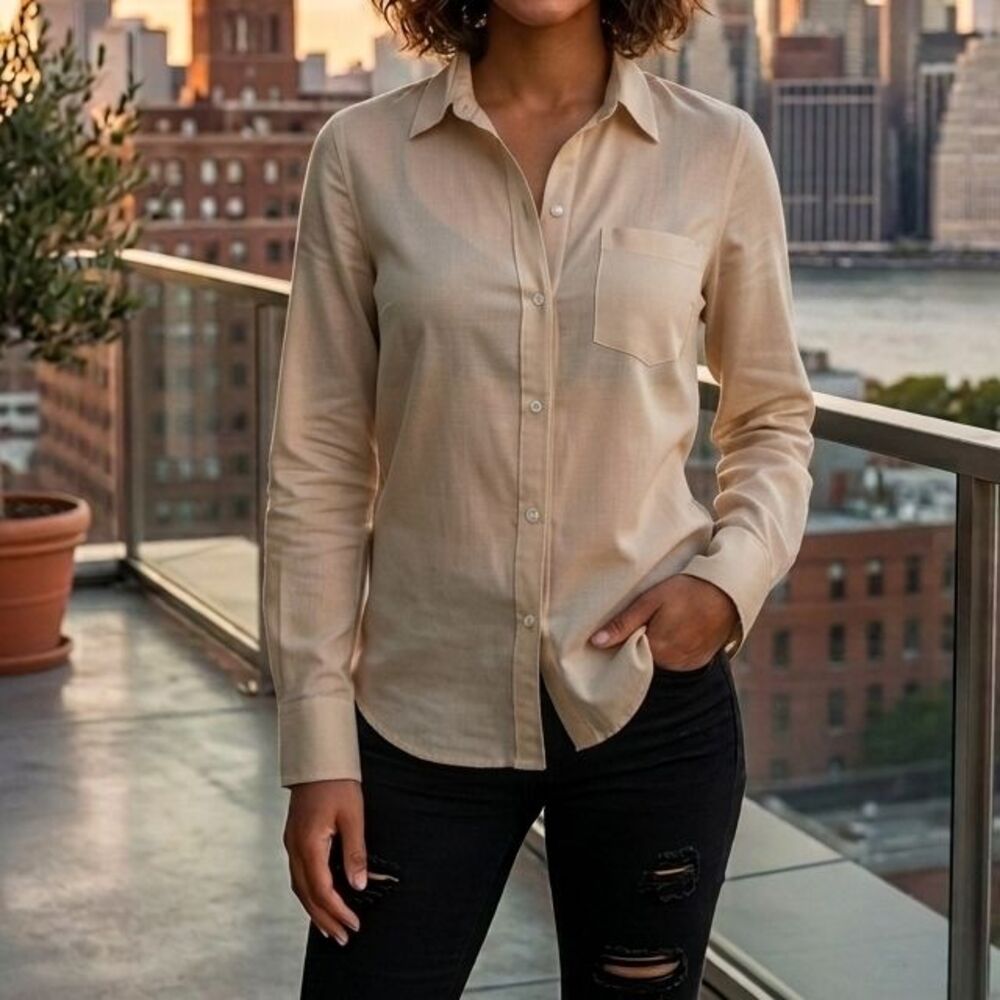 Nili Lotan Cotton Voile NL Buttondown Formal Shirt Top Nude Long Sleeve S 291240